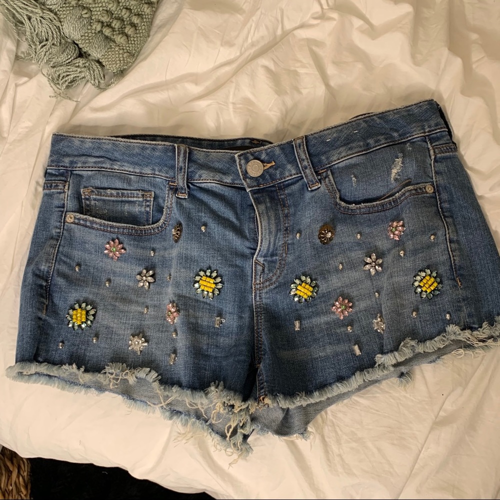Express flower beaded jean shorts